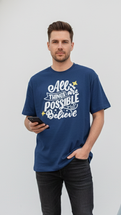 "All Things Are Possible" Premium French Terry Oversized Tee - Navy Blue